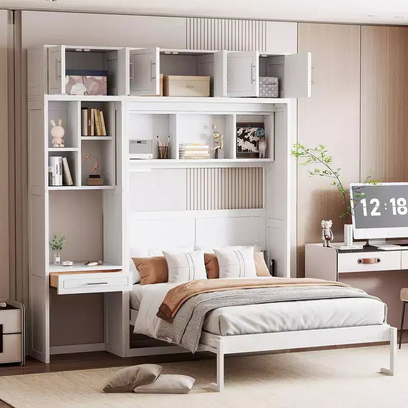 Lit escamotable mural simple avec armoire supérieure, étagères, lit pliant peu encombrant avec lumière et port USB