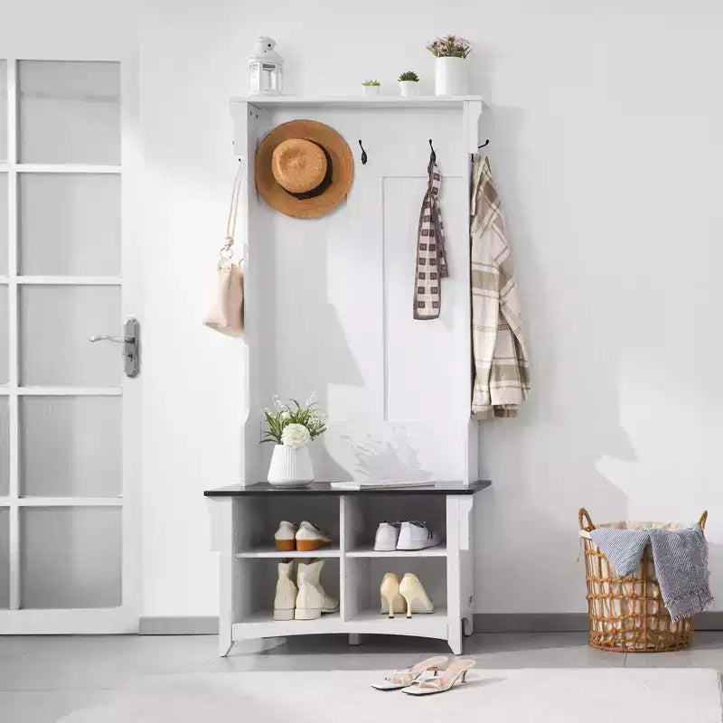 Banc d'entrée avec porte-manteau et rangement à chaussures, largeur 81 cm, étagères réglables et 5 crochets de suspension