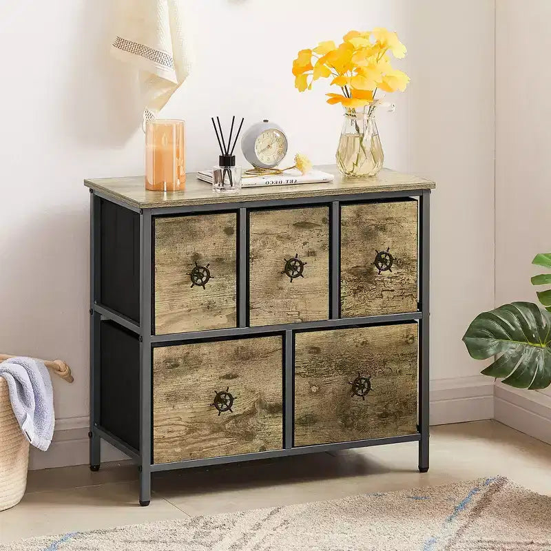 Commode en bois avec 5 tiroirs en tissu, table de chevet, poignée facile à tirer, gris