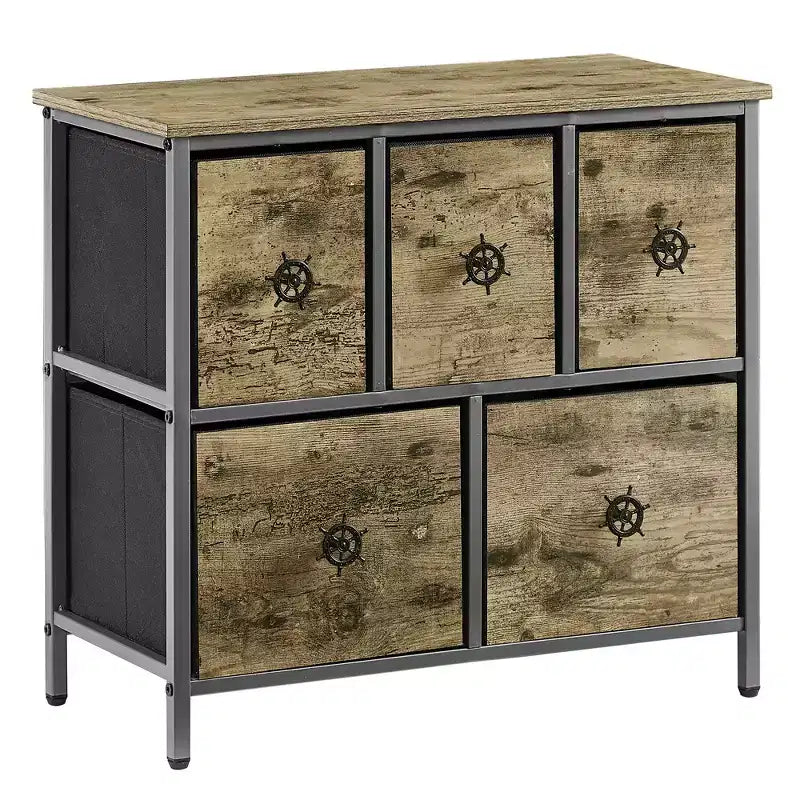 Commode en bois avec 5 tiroirs en tissu, table de chevet, poignée facile à tirer, gris