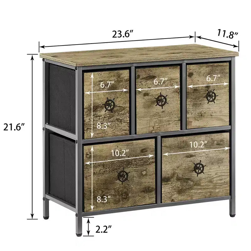 Commode en bois avec 5 tiroirs en tissu, table de chevet, poignée facile à tirer, gris