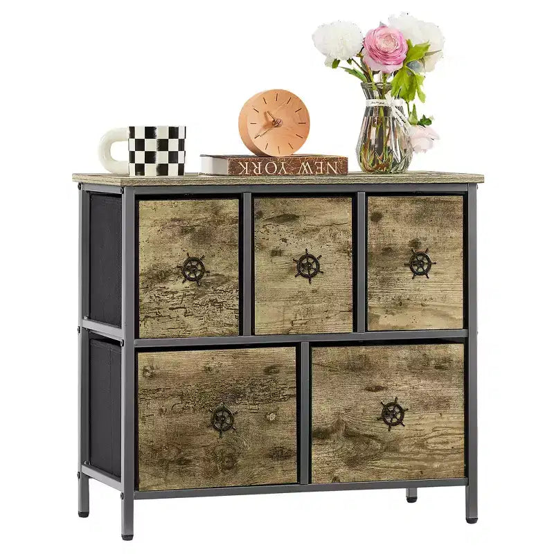 Commode en bois avec 5 tiroirs en tissu, table de chevet, poignée facile à tirer, gris