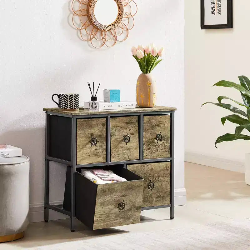Commode en bois avec 5 tiroirs en tissu, table de chevet, poignée facile à tirer, gris
