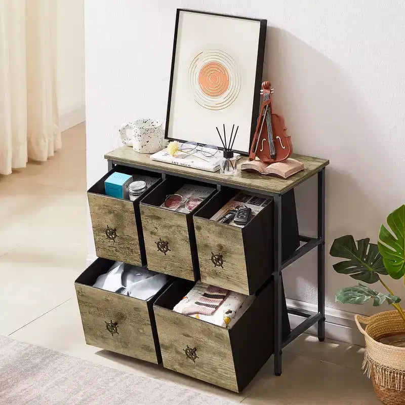 Commode en bois avec 5 tiroirs en tissu, table de chevet, poignée facile à tirer, gris