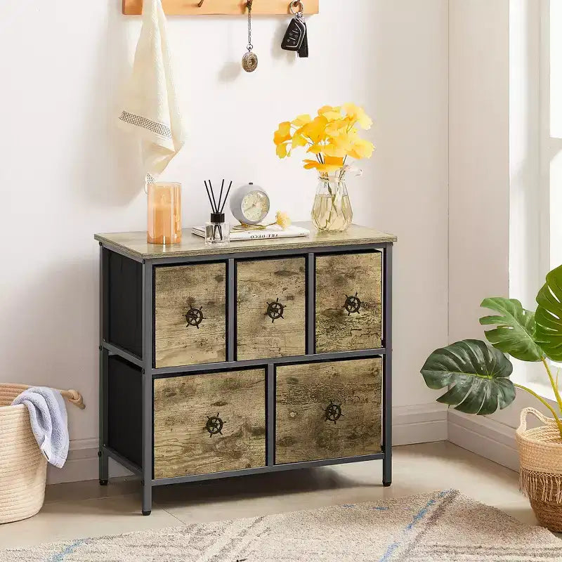 Commode en bois avec 5 tiroirs en tissu, table de chevet, poignée facile à tirer, gris
