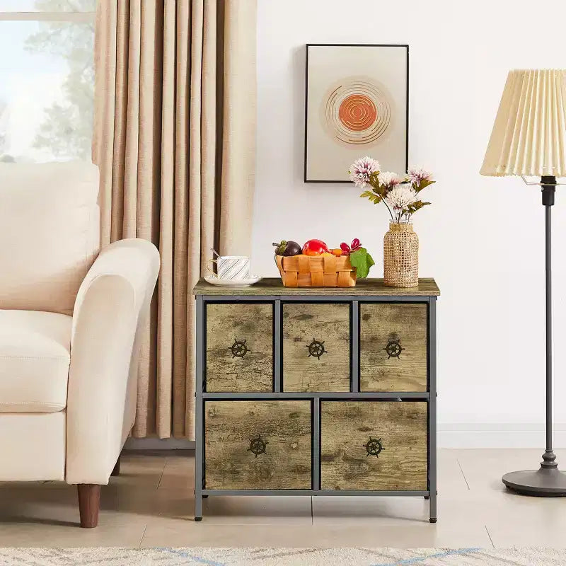 Commode en bois avec 5 tiroirs en tissu, table de chevet, poignée facile à tirer, gris