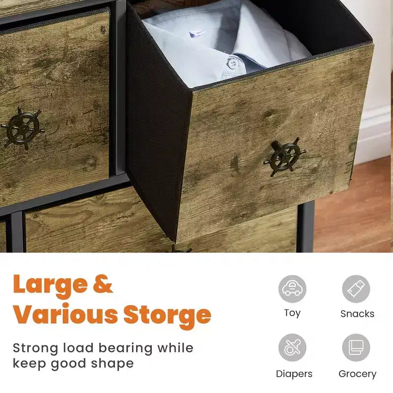 Commode en bois avec 5 tiroirs en tissu, table de chevet, poignée facile à tirer, gris