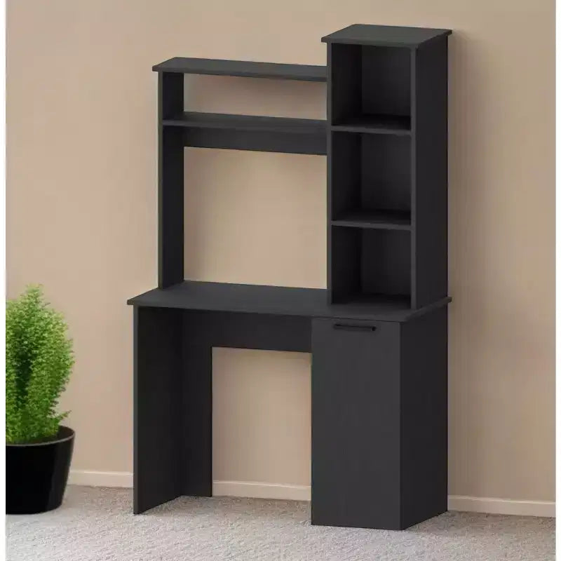 Bureau d'ordinateur noir de 99 cm avec huche et bibliothèque