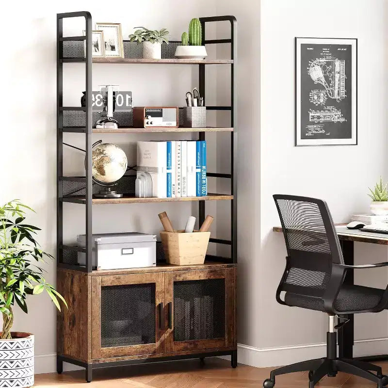 Bibliothèque industrielle avec armoire de rangement, étagère ouverte à 4 niveaux, 180 cm de hauteur