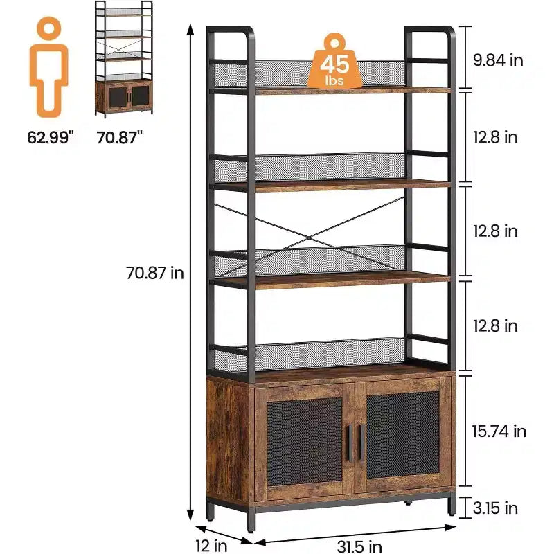 Bibliothèque industrielle avec armoire de rangement, étagère ouverte à 4 niveaux, 180 cm de hauteur