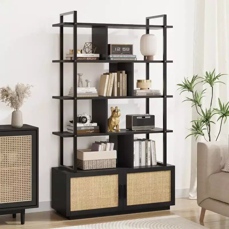 Bibliothèque industrielle avec armoire de rangement, étagère ouverte à 4 niveaux, 180 cm de hauteur