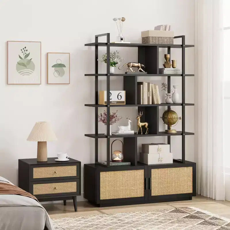 Bibliothèque industrielle avec armoire de rangement, étagère ouverte à 4 niveaux, 180 cm de hauteur