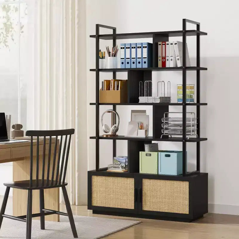 Bibliothèque industrielle avec armoire de rangement, étagère ouverte à 4 niveaux, 180 cm de hauteur
