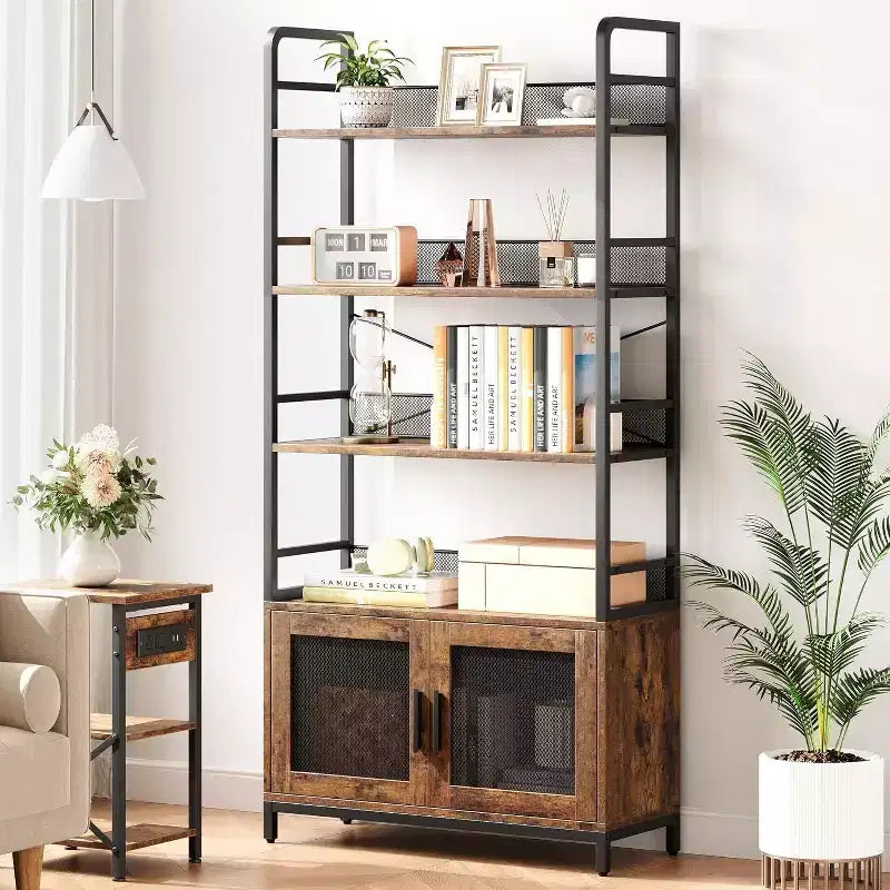 Bibliothèque industrielle avec armoire de rangement, étagère ouverte à 4 niveaux, 180 cm de hauteur
