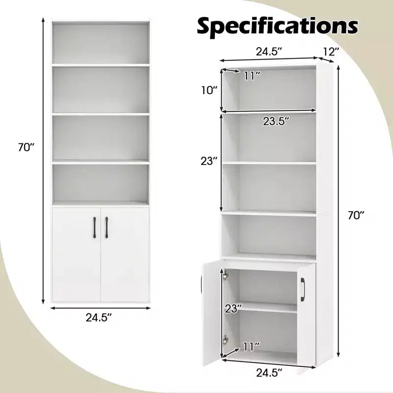 Bibliothèque de 178 cm de haut avec étagères réglables et armoire à 2 portes