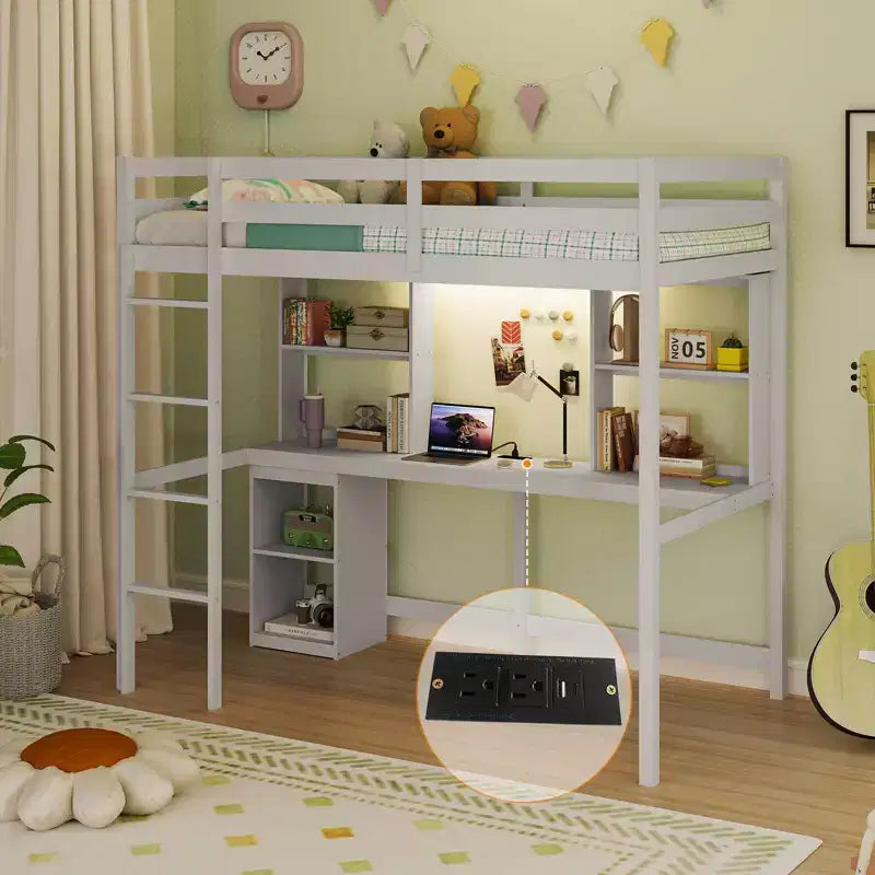 Lit mezzanine double avec lumière LED et prise de courant, bureau, étagères de rangement et armoire