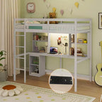 Lit mezzanine double avec lumière LED et prise de courant, bureau, étagères de rangement et armoire