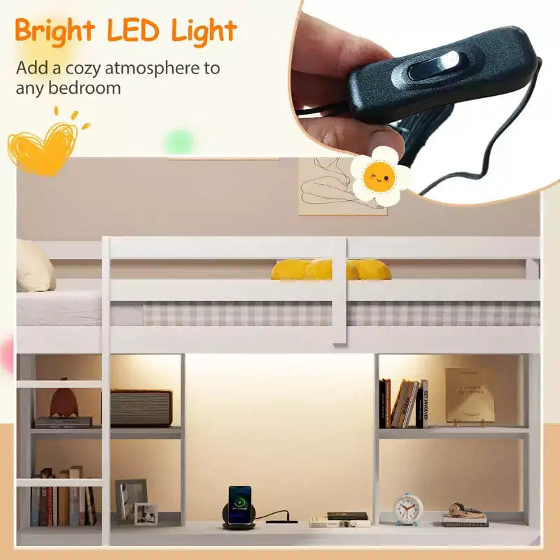 Lit mezzanine double avec lumière LED et prise de courant, bureau, étagères de rangement et armoire