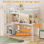 Lit mezzanine double avec lumière LED et prise de courant, bureau, étagères de rangement et armoire