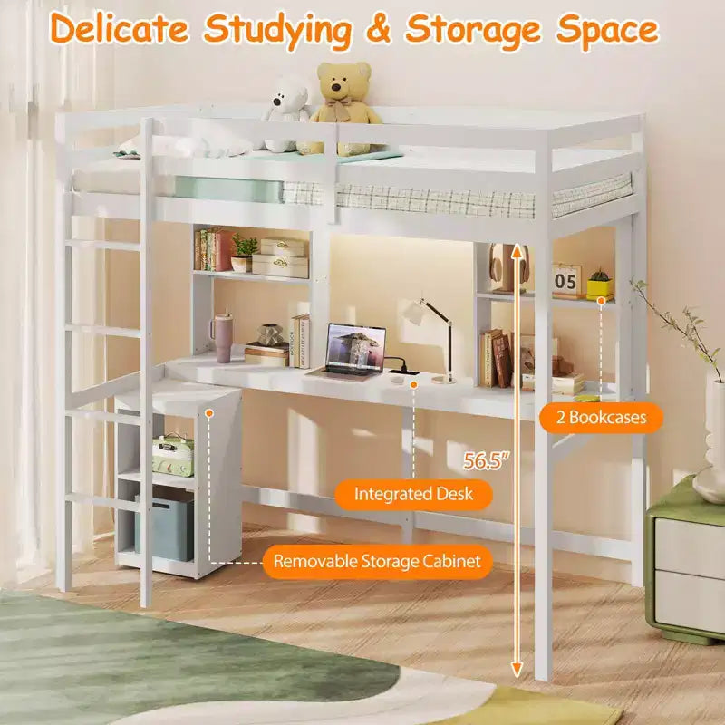 Lit mezzanine double avec lumière LED et prise de courant, bureau, étagères de rangement et armoire
