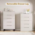 Commode à cinq tiroirs avec pieds métalliques réglables et plateau large