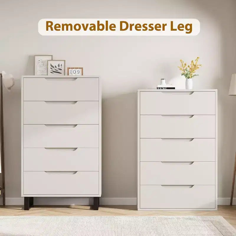 Commode à cinq tiroirs avec pieds métalliques réglables et plateau large