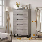 Commode à cinq tiroirs avec pieds métalliques réglables et plateau large