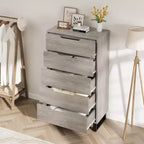 Commode à cinq tiroirs avec pieds métalliques réglables et plateau large