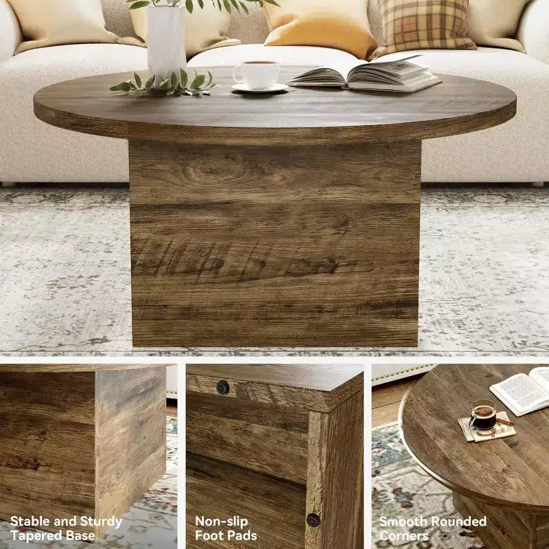 Table basse ronde, bois manufacturé de 35 pouces, style Mid-Century, beige