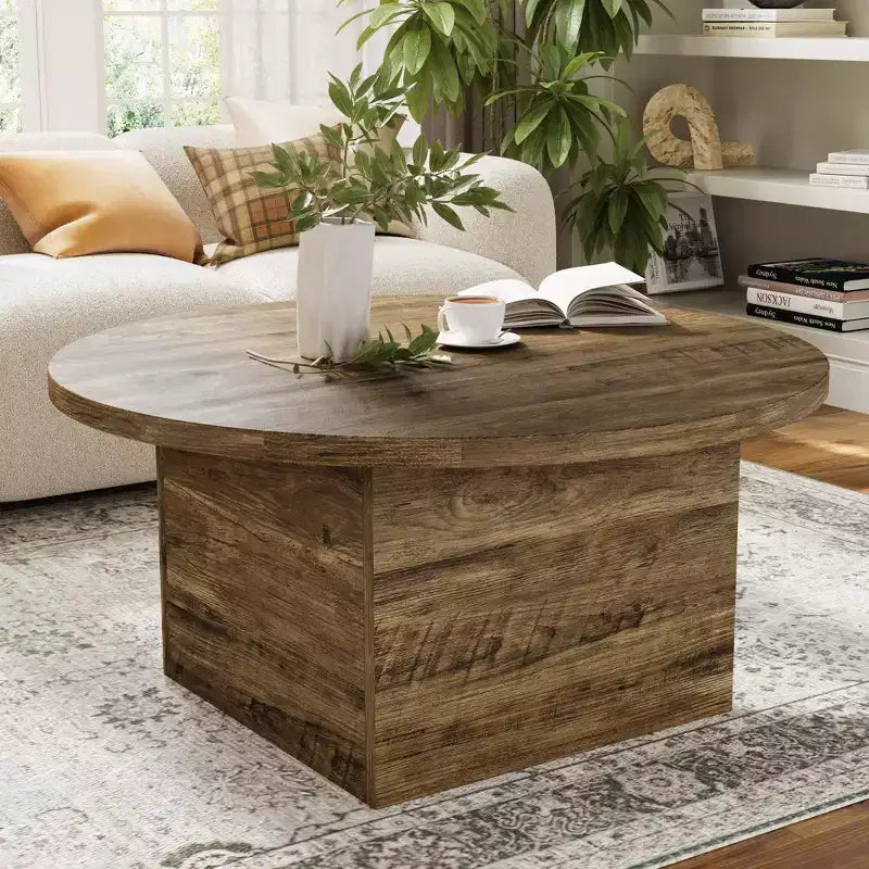 Table basse ronde, bois manufacturé de 35 pouces, style Mid-Century, beige
