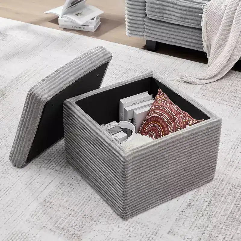 Ottoman de rangement carré en velours côtelé avec couvercle amovible
