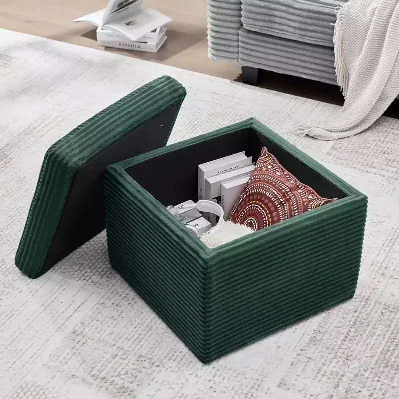 Ottoman de rangement carré en velours côtelé avec couvercle amovible
