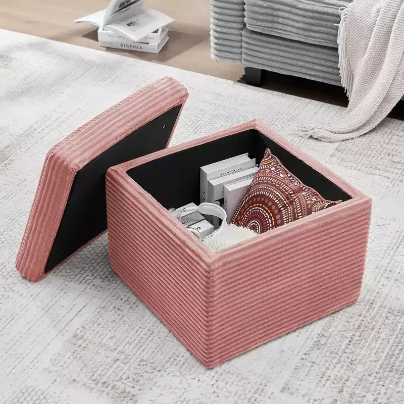 Ottoman de rangement carré en velours côtelé avec couvercle amovible