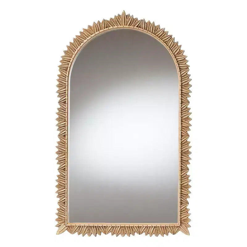 Miroir mural arqué avec bordure à feuilles sculptées – Finition dorée