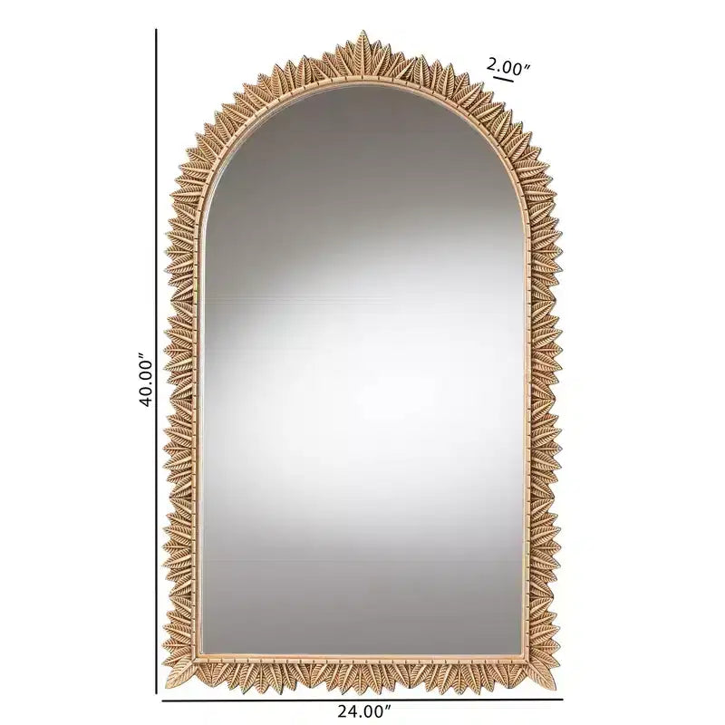 Miroir mural arqué avec bordure à feuilles sculptées – Finition dorée