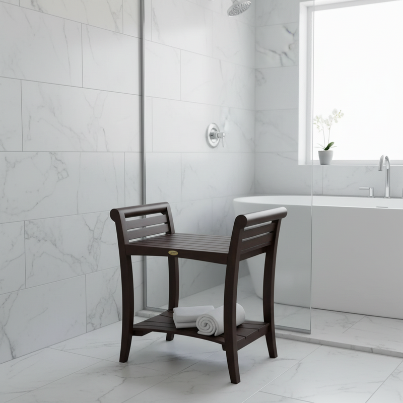 Banc de douche rectangulaire en teck avec étagère et poignées – Fini brun