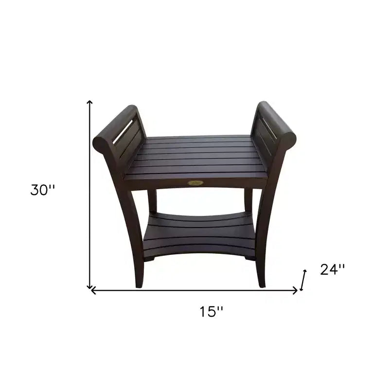 Banc de douche rectangulaire en teck avec étagère et poignées – Fini brun