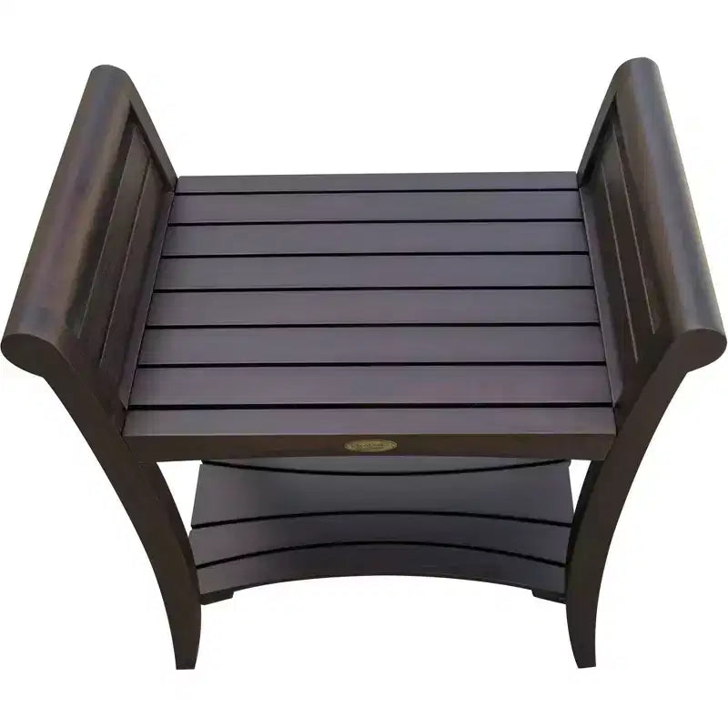 Banc de douche rectangulaire en teck avec étagère et poignées – Fini brun