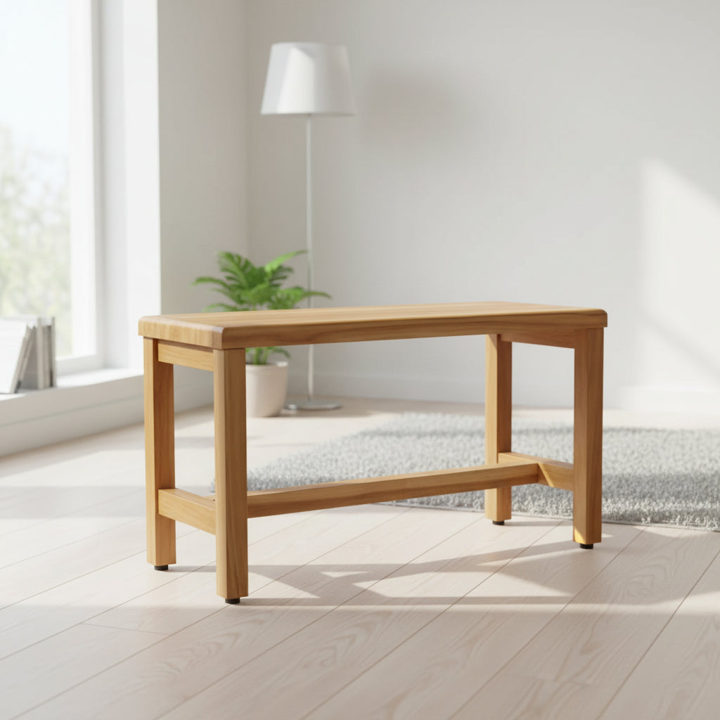 Banc de douche rectangulaire compact en teck, finition naturelle