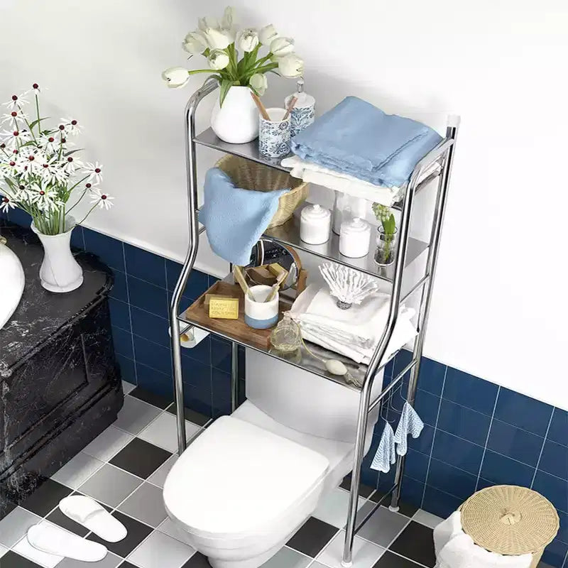 Meuble de rangement au-dessus des toilettes, organisateur de salle de bain en métal avec porte-papier toilette et crochets, sur pied sans perçage, gain de place, blanc
