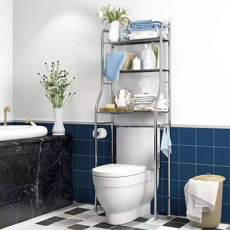 Meuble de rangement au-dessus des toilettes, organisateur de salle de bain en métal avec porte-papier toilette et crochets, sur pied sans perçage, gain de place, blanc