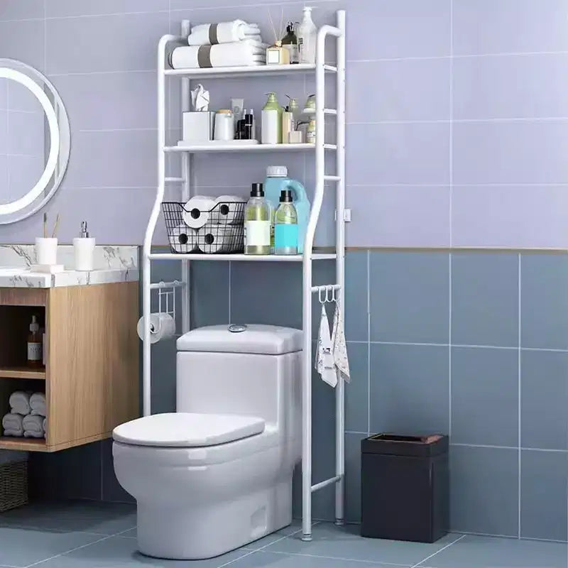Meuble de rangement au-dessus des toilettes, organisateur de salle de bain en métal avec porte-papier toilette et crochets, sur pied sans perçage, gain de place, blanc