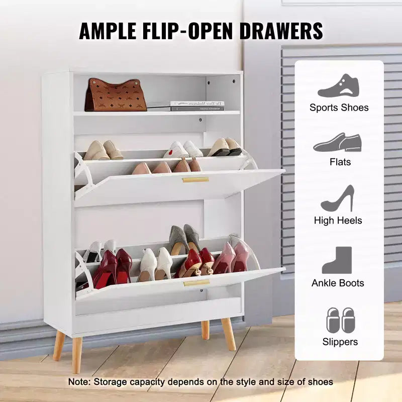 Meuble à chaussures avec 2 tiroirs basculants, meuble de rangement pour chaussures autoportant pour entrée avec casier de rangement supérieur, blanc