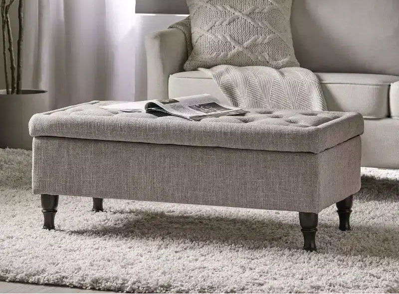 Okak Storage Ottoman Bench with Tufted Button Upholstered Multifunctional Footrest Stool Bed Bench with Spindle Wood Legs for Couch Bedroom