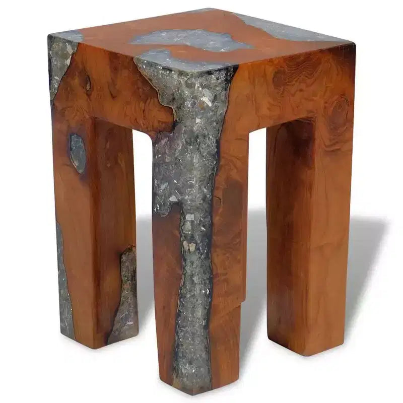 Tabouret multicolore en bois de teck massif et résine