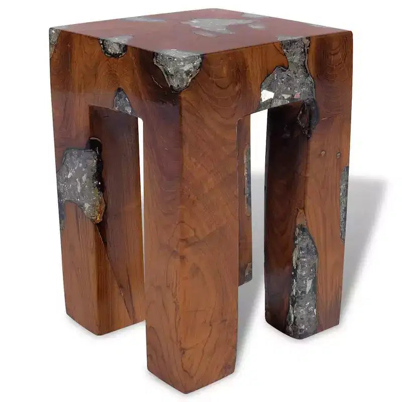 Tabouret multicolore en bois de teck massif et résine