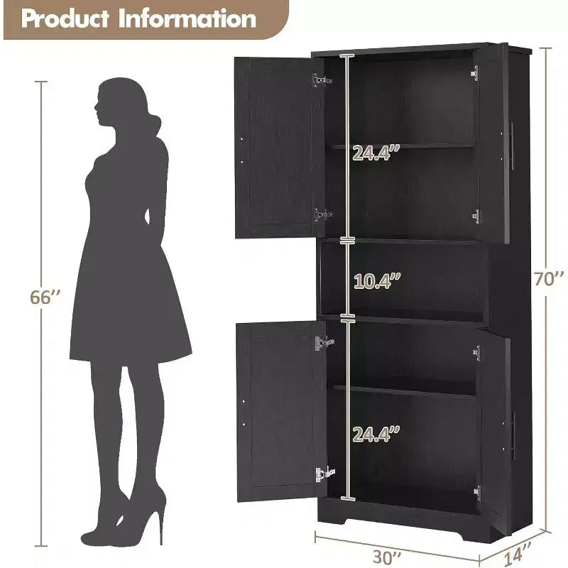 Meuble de rangement de cuisine de 70 pouces de haut avec 4 portes et étagères réglables