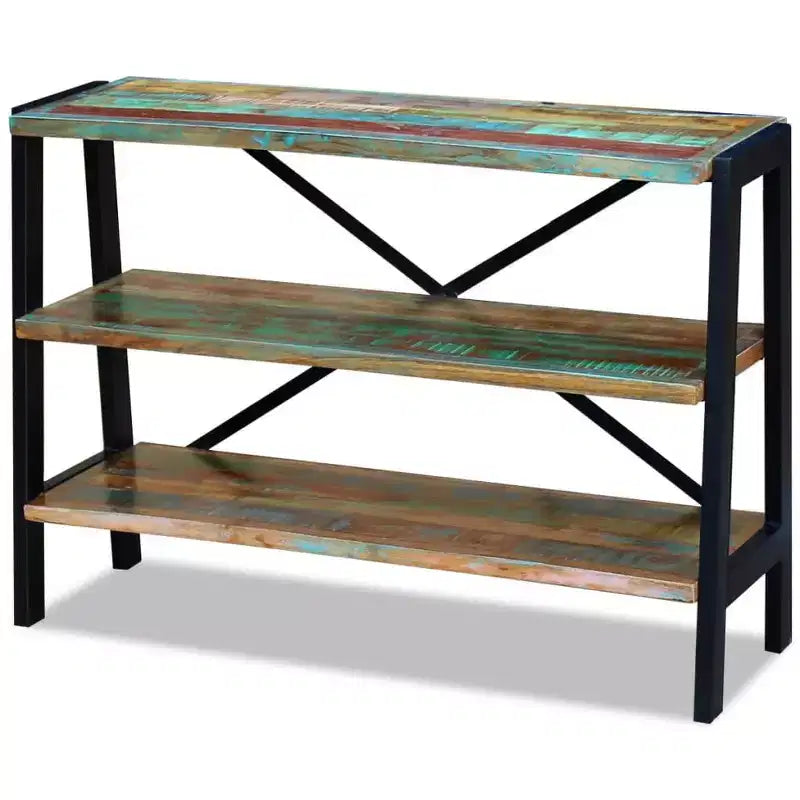 Buffet en bois massif recyclé avec cadre en acier – Trois étagères ouvertes, multicolore