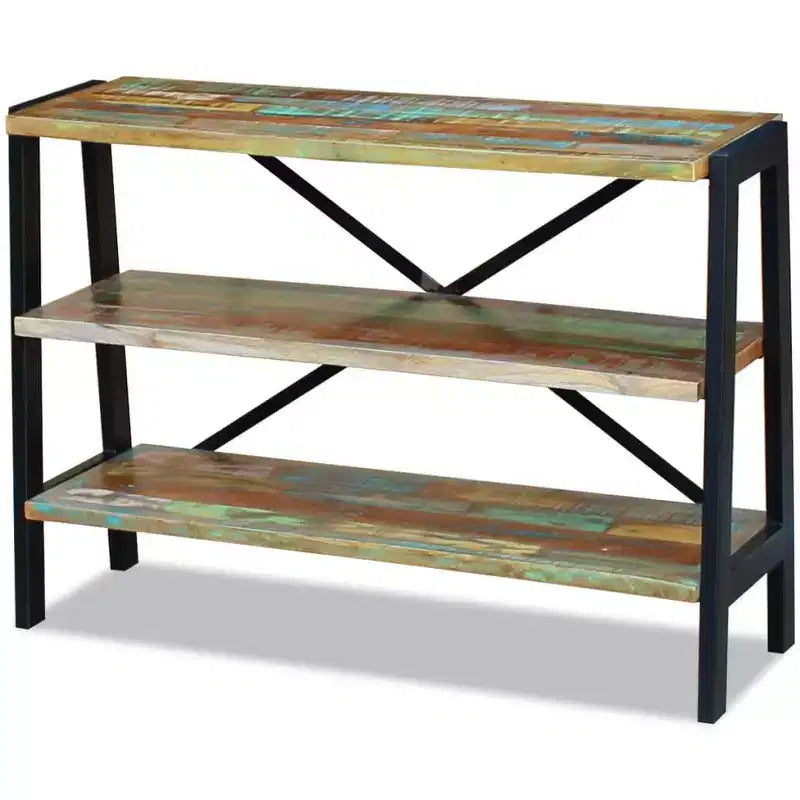 Buffet en bois massif recyclé avec cadre en acier – Trois étagères ouvertes, multicolore