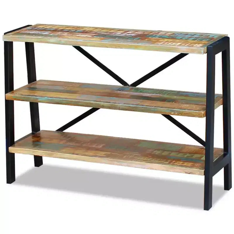 Buffet en bois massif recyclé avec cadre en acier – Trois étagères ouvertes, multicolore